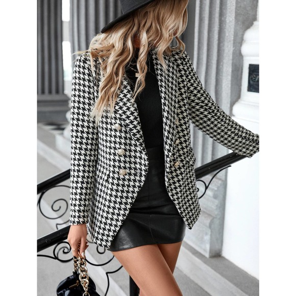 Houndstooth Lapel Collar Double Breasted pea coat Overcoat black white - Picture 3 of 6